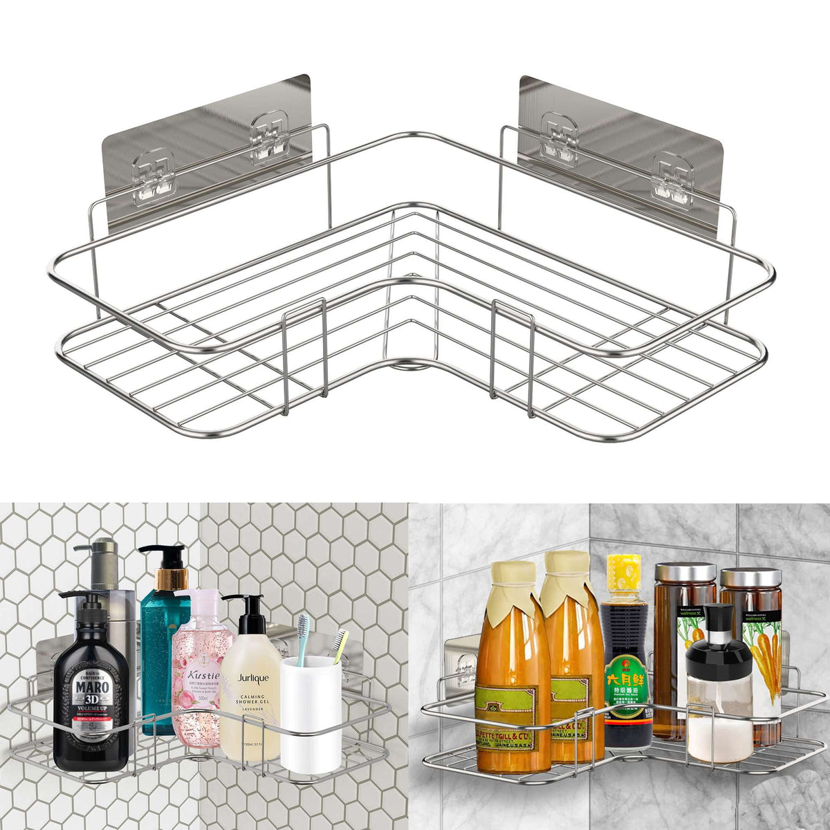Shower Caddy Basket Bathroom Organizer Shelf with Hooks, Rustproof Stainless Steel No Drilling Wall Mounted Storage R... - Image 2