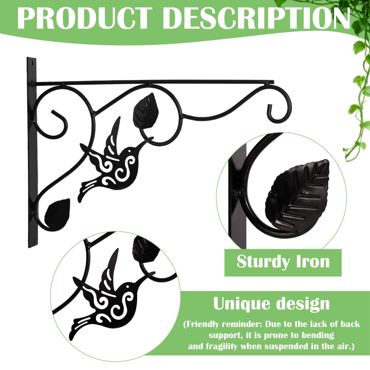 2 Pack Plant Hanging Brackets, 12.6 Inch Heavy Duty Metal Wall Hangers Indoor/Outdoor, Sturdy Plant Bracket for Bird ... - Image 3