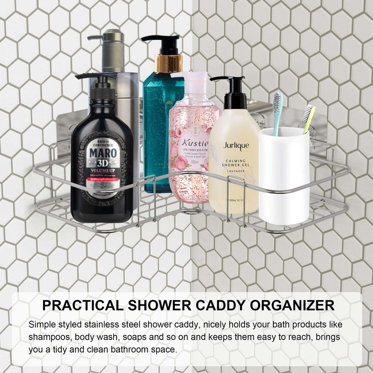 Shower Caddy Basket Bathroom Organizer Shelf with Hooks, Rustproof Stainless Steel No Drilling Wall Mounted Storage R... - Image 5