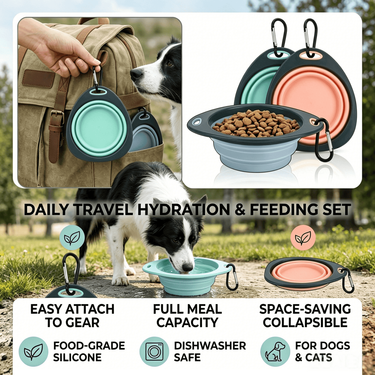 Silicone Dog Cat Bowls with Clasp for Traveling, Hiking, Walking, Portable, Foldable Dog Cat Water Dish Bowl for Outs... - Image 3