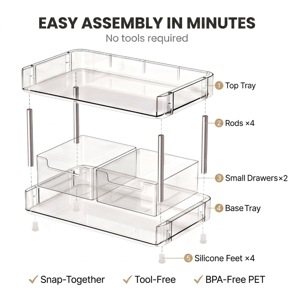 Clear Makeup Organizer with Drawers, 2-Tier Acrylic Cosmetic Storage for Bathroom Countertop - Image 3