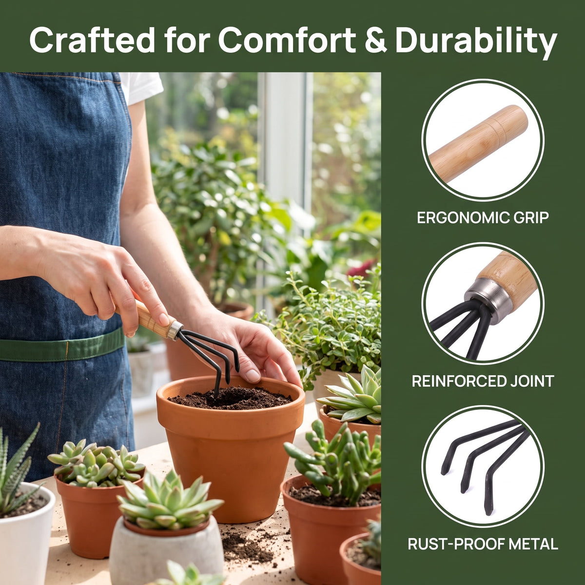 6 Pcs Garden Tool Set, Wood Handle Trowel Transplanter Rake for Indoor Potting & Transplanting - Image 5